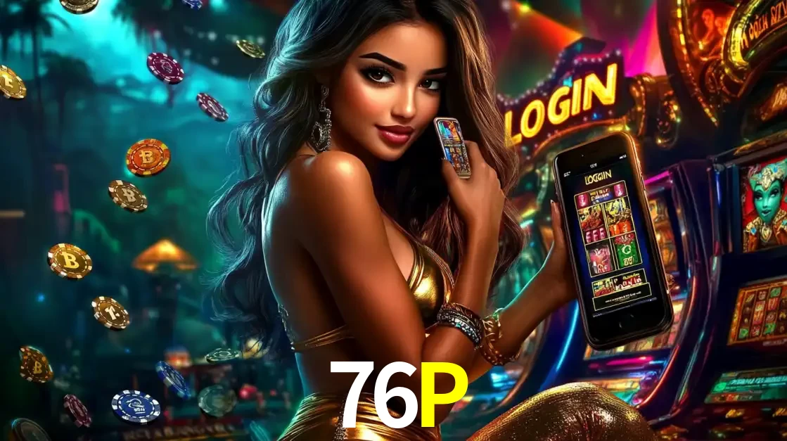 Mulher em um cenário de cassino temático de aventura, mostrando o app de caça-níqueis da 76P no celular. Fichas de apostas flutuam ao redor.