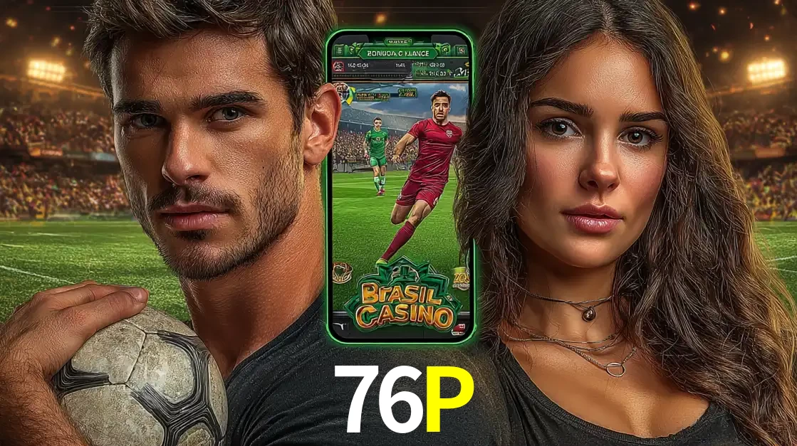 Homem segurando uma bola de futebol e uma mulher ao lado de um smartphone exibindo o jogo de apostas esportivas da 76P. Faça seu palpite no cassino online.